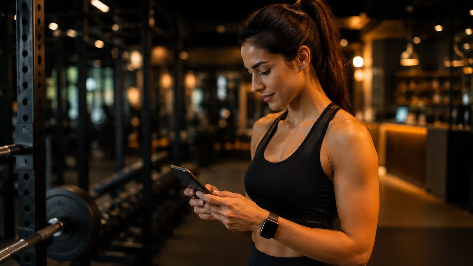 Aluno consultando o treino do dia no celular dentro da academia