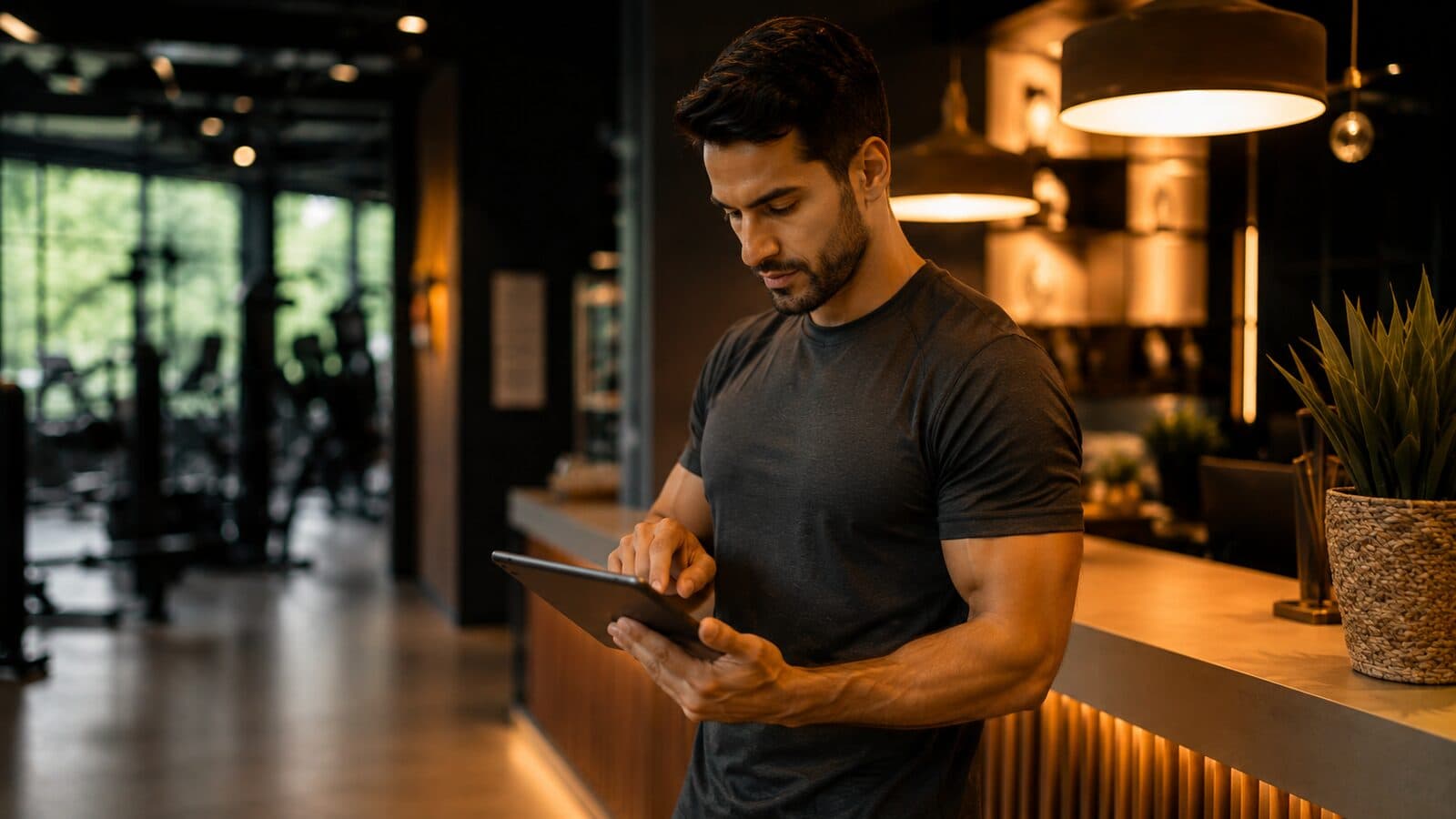 Professor consultando lista de alunos em um tablet dentro da academia